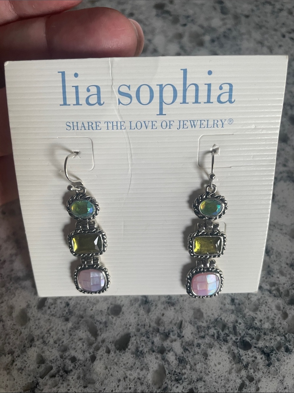 Lia Sophia Iridescent Three-Stone Drop Earrings in Green, Yellow, Pink